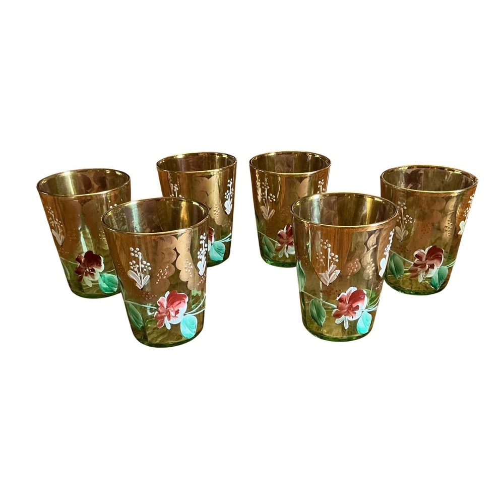 Vintage Bohemian Green Glass Pitcher & 6 Glasses Hand Painted Floral Gold Set - Picture 14 of 16